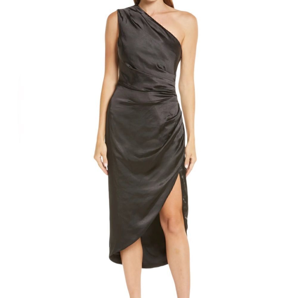 Elliatt Cassini Black One Shoulder Satin Midi Cocktail Dress | Size M